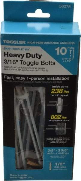 Toggler - 3/16" Screw, 6-1/4" Long, 3/8 to 3-5/8" Thick, Toggle Bolt Drywall & Hollow Wall Anchor - 3/16 - 24" Thread, 1/2" Drill, Zinc Plated, Steel, Grade 1010, Use in Drywall - Eagle Tool & Supply