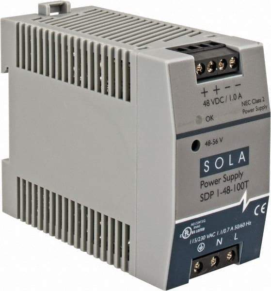 Sola/Hevi-Duty - 100 Watt, 1 Amp, 264 VAC, 375 VDC Input, 48 to 56 VDC Output, DIN Rail Power Supply - Screw Terminal Connection, 1 Output, 1.77 Inch Wide x 3.58 Inch Deep x 2.95 Inch High, Up to 90% Efficiency, 14 to 140°F, Green LED Display - Eagle Tool & Supply