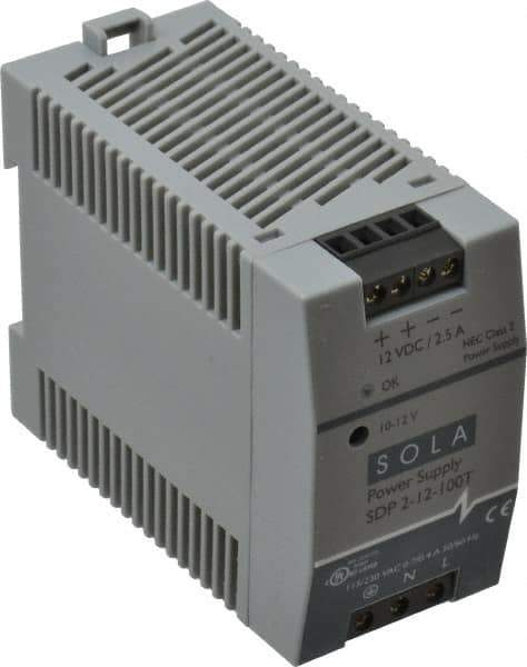 Sola/Hevi-Duty - 100 Watt, 3 to 2.5 Amp, 264 VAC, 375 VDC Input, 10 to 12 VDC Output, DIN Rail Power Supply - Screw Terminal Connection, 1 Output, 1.77 Inch Wide x 3.58 Inch Deep x 2.95 Inch High, Up to 80% Efficiency, 14 to 140°F, Green LED Display - Eagle Tool & Supply