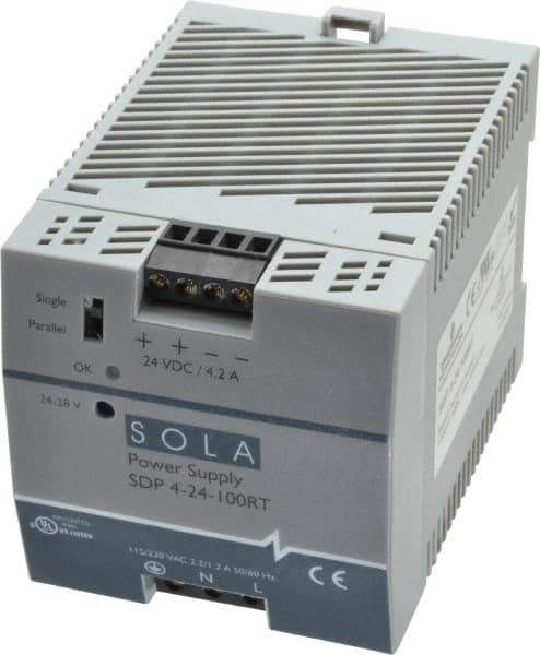Sola/Hevi-Duty - 100 Watt, 4.20 Amp, 132 VAC, 264 VAC, 375 VDC Input, 24 to 28 VDC Output, DIN Rail Power Supply - Screw Terminal Connection, 1 Output, 2.85 Inch Wide x 3.8 Inch Deep x 2.95 Inch High, Up to 88% Efficiency, 14 to 140°F, Green LED Display - Eagle Tool & Supply