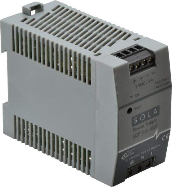 Sola/Hevi-Duty - 100 Watt, 5 Amp, 264 VAC, 375 VDC Input, 5 to 6 VDC Output, DIN Rail Power Supply - Screw Terminal Connection, 1 Output, 1.77 Inch Wide x 3.58 Inch Deep x 2.95 Inch High, Up to 80% Efficiency, 14 to 140°F, Green LED Display - Eagle Tool & Supply