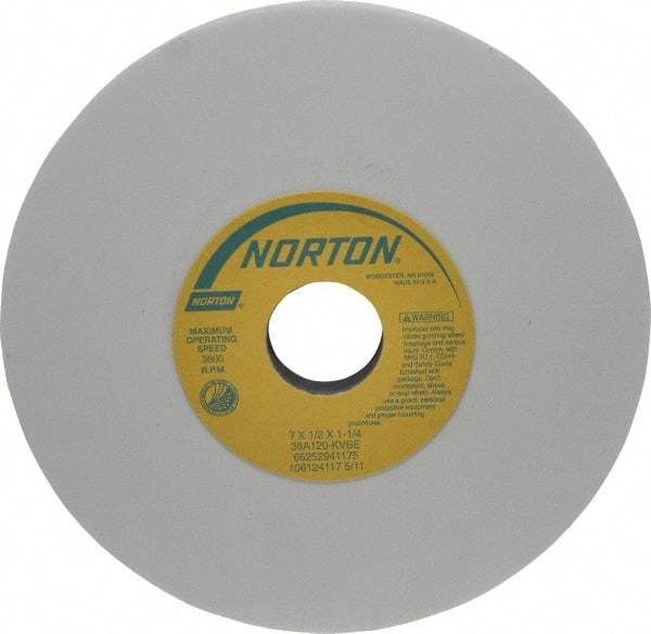 Norton - 7" Diam x 1-1/4" Hole x 1/2" Thick, K Hardness, 120 Grit Surface Grinding Wheel - Aluminum Oxide, Type 1, Fine Grade, 3,600 Max RPM, Vitrified Bond, No Recess - Eagle Tool & Supply
