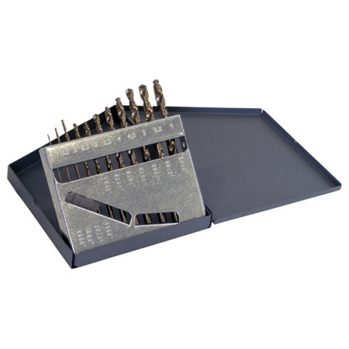 ‎1mm-6mm RHS / RHC HSS-CO 8% (M42) 135 Degree Split Point Heavy Duty Cobalt Jobber Length Drill Set - Straw / Gold Oxide - Exact Industrial Supply