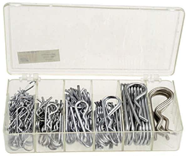 Precision Brand - 150 Piece, 1/16 to 3/16" Pin Diam, Hitch Pin Assortment - 1-9/16 to 3-1/4" Long, Steel - Eagle Tool & Supply