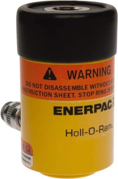 Enerpac - 12 Ton, 1.63" Stroke, 4.49 Cu In Oil Capacity, Portable Hydraulic Hollow Hole Cylinder - 2.76 Sq In Effective Area, 4.75" Lowered Ht., 6.38" Max Ht., 2.13" Cyl Bore Diam, 1.38" Plunger Rod Diam, 10,000 Max psi - Eagle Tool & Supply