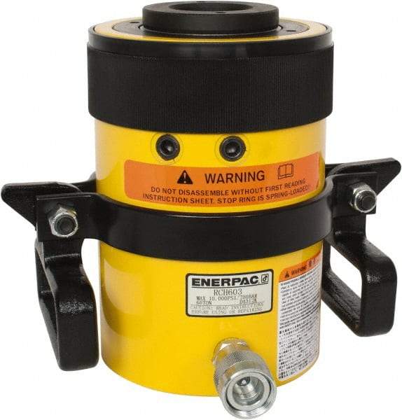 Enerpac - 60 Ton, 3" Stroke, 38.2 Cu In Oil Capacity, Portable Hydraulic Hollow Hole Cylinder - 12.73 Sq In Effective Area, 9.75" Lowered Ht., 12.75" Max Ht., 4.88" Cyl Bore Diam, 3.63" Plunger Rod Diam, 10,000 Max psi - Eagle Tool & Supply