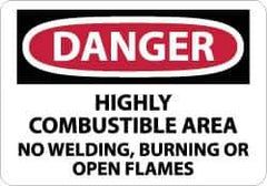 NMC - "Danger - Highly Combustible Area - No Welding, Burning or Open Flames", 10" Long x 14" Wide, Aluminum Safety Sign - Rectangle, 0.04" Thick, Use for Accident Prevention - Eagle Tool & Supply