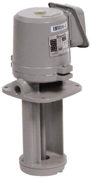 Graymills - 230/460 Volt, 1/2 hp, 3 Phase, 3,450 RPM, Cast Iron Immersion Machine Tool & Recirculating Pump - 35 GPM, 43 psi, 7-1/2" Long x 7-1/2" Mounting Flange Width, 18-5/16" Overall Height, Metric Thread, Aluminum Impeller - Eagle Tool & Supply