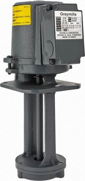 Graymills - 230/460 Volt, 1/8 hp, 3 Phase, 3,450 RPM, Cast Iron Immersion Machine Tool & Recirculating Pump - 10 GPM, 14 psi, 5" Long x 5" Mounting Flange Width, 11-3/4" Overall Height, Metric Thread, Plastic Impeller - Eagle Tool & Supply