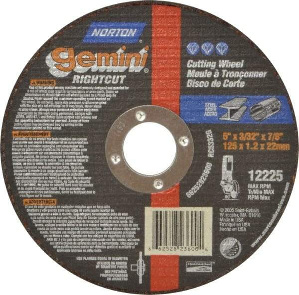 Norton - 5" Aluminum Oxide Cutoff Wheel - 3/32" Thick, 7/8" Arbor, 12,225 Max RPM, Use with Angle Grinders - Eagle Tool & Supply