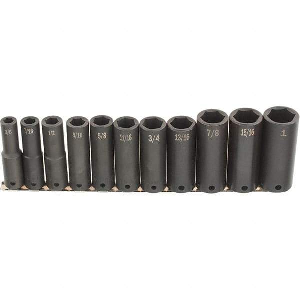 SK - 11 Piece 1/2" Drive Deep Impact Socket Set - 6 Points, 1/2 to 1-1/4", Inch Measurement Standard - Eagle Tool & Supply