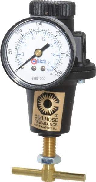 Coilhose Pneumatics - 1/4 NPT Port, 40 CFM, Cast Aluminum Heavy-Duty T-Handle Regulator - 0 to 200 psi Range, 250 Max psi Supply Pressure, 1/4" Gauge Port Thread, 3" Wide x 5-1/2" High - Eagle Tool & Supply