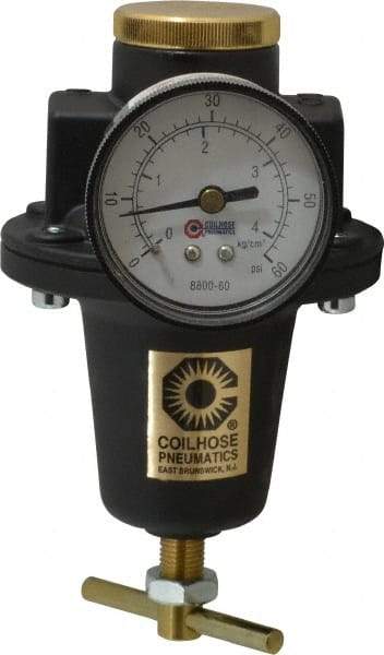 Coilhose Pneumatics - 1/2 NPT Port, 80 CFM, Cast Aluminum Heavy-Duty T-Handle Regulator - 0 to 60 psi Range, 250 Max psi Supply Pressure, 1/4" Gauge Port Thread, 4" Wide x 7" High - Eagle Tool & Supply