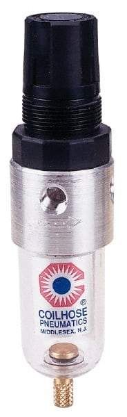 Coilhose Pneumatics - 1/4" NPT Port Miniature 1 Piece Filter/Regulator FRL Unit - Polycarbonate Bowl, 25 SCFM, 150 Max psi, 4" High, Manual Drain - Eagle Tool & Supply