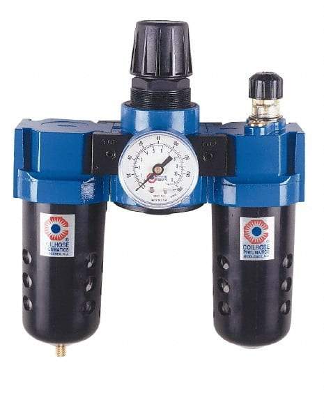 Coilhose Pneumatics - 1/2" NPT Port Standard 3 Piece Filter-Regulator-Lubricator FRL Unit - Metal Bowl, 127 SCFM, 250 Max psi, 10.5" High, Manual Drain - Eagle Tool & Supply