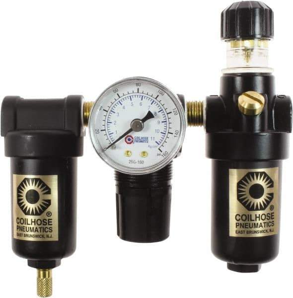 Coilhose Pneumatics - 1/8" NPT Port Miniature 3 Piece Filter-Regulator-Lubricator FRL Unit - Metal Bowl, 25 SCFM, 250 Max psi, 6.125" High, Manual Drain - Eagle Tool & Supply