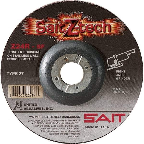 Sait - 24 Grit, 4" Wheel Diam, 1/4" Wheel Thickness, 5/8" Arbor Hole, Type 27 Depressed Center Wheel - Zirconia Alumina, Resinoid Bond, R Hardness, 13,500 Max RPM, Compatible with Angle Grinder - Eagle Tool & Supply