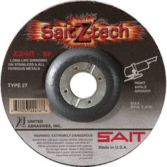 Sait - 24 Grit, 5" Wheel Diam, 1/4" Wheel Thickness, 7/8" Arbor Hole, Type 27 Depressed Center Wheel - Zirconia Alumina, Resinoid Bond, R Hardness, 12,200 Max RPM, Compatible with Angle Grinder - Eagle Tool & Supply
