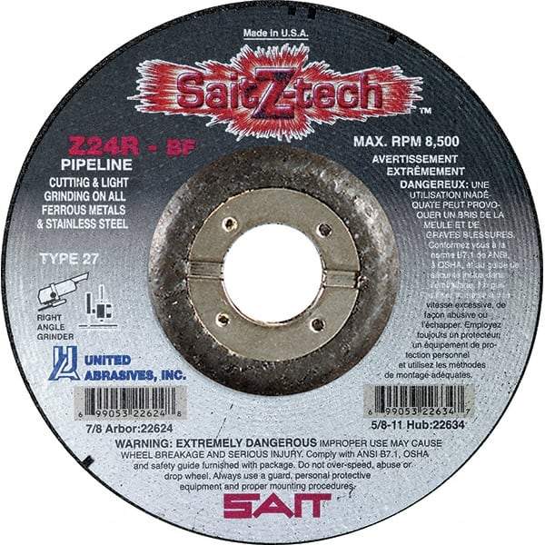 Sait - 24 Grit, 7" Wheel Diam, 1/8" Wheel Thickness, 7/8" Arbor Hole, Type 27 Depressed Center Wheel - Zirconia Alumina, Resinoid Bond, R Hardness, 8,500 Max RPM, Compatible with Angle Grinder - Eagle Tool & Supply
