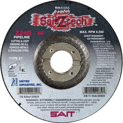 Sait - 24 Grit, 7" Wheel Diam, 1/8" Wheel Thickness, 7/8" Arbor Hole, Type 27 Depressed Center Wheel - Zirconia Alumina, Resinoid Bond, R Hardness, 8,500 Max RPM, Compatible with Angle Grinder - Eagle Tool & Supply