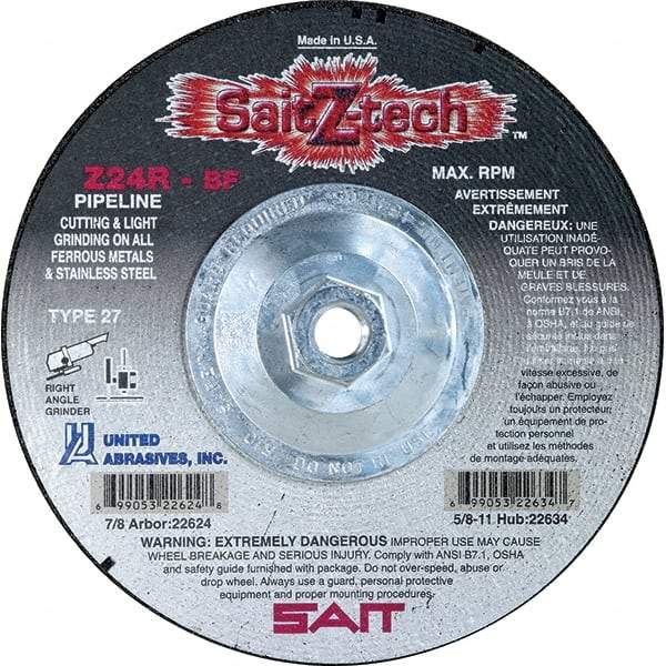 Sait - 24 Grit, 4-1/2" Wheel Diam, 1/8" Wheel Thickness, Type 27 Depressed Center Wheel - Zirconia Alumina, Resinoid Bond, R Hardness, 13,300 Max RPM, Compatible with Angle Grinder - Eagle Tool & Supply