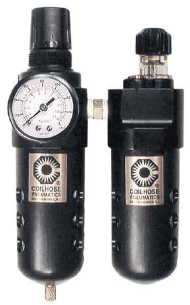 Coilhose Pneumatics - 3/8" NPT Port Compact 2 Piece Filter/Regulator-Lubricator FRL Unit - Polycarbonate Bowl, 65 SCFM, 150 Max psi, 8" High, Manual Drain - Eagle Tool & Supply