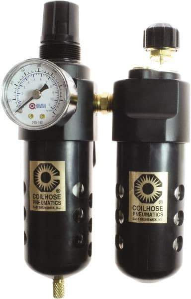 Coilhose Pneumatics - 1/4" NPT Port Compact 2 Piece Filter/Regulator-Lubricator FRL Unit - Polycarbonate Bowl, 48 SCFM, 150 Max psi, 8" High, Automatic Drain - Eagle Tool & Supply
