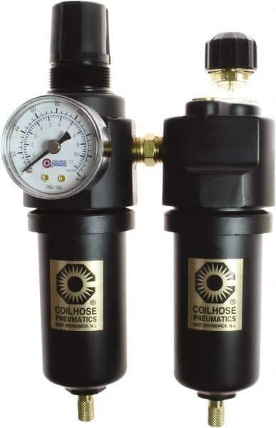 Coilhose Pneumatics - 3/8" NPT Port Compact 2 Piece Filter/Regulator-Lubricator FRL Unit - Zinc Bowl, 65 SCFM, 250 Max psi, 8" High, Automatic Drain - Eagle Tool & Supply