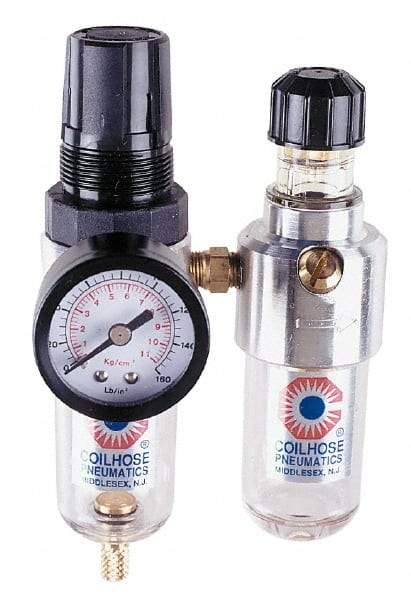 Coilhose Pneumatics - 1/4" NPT Port Miniature 2 Piece Filter/Regulator-Lubricator FRL Unit - Polycarbonate Bowl, 25 SCFM, 150 Max psi, 6" High, Manual Drain - Eagle Tool & Supply