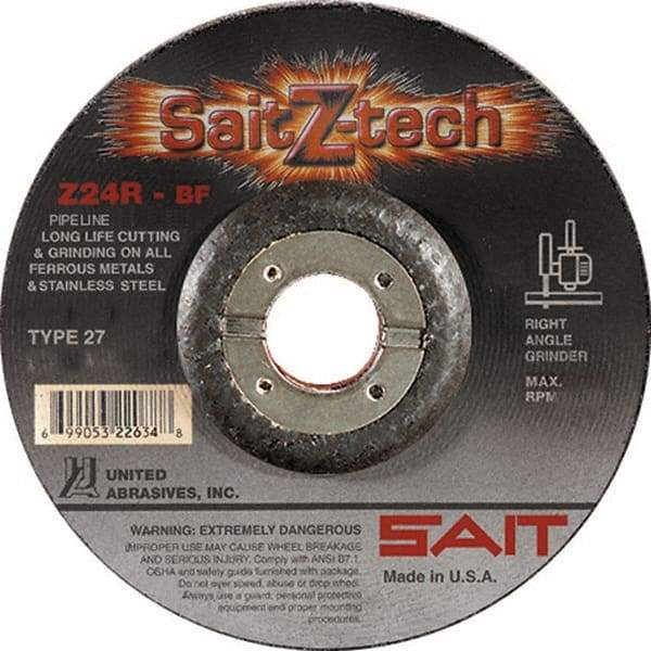 Sait - 24 Grit, 6" Wheel Diam, 3/32" Wheel Thickness, 7/8" Arbor Hole, Type 27 Depressed Center Wheel - Zirconia Alumina, Resinoid Bond, R Hardness, 10,200 Max RPM, Compatible with Angle Grinder - Eagle Tool & Supply