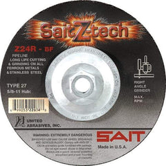 Sait - 24 Grit, 4-1/2" Wheel Diam, 3/32" Wheel Thickness, Type 27 Depressed Center Wheel - Zirconia Alumina, Resinoid Bond, R Hardness, 13,300 Max RPM, Compatible with Angle Grinder - Eagle Tool & Supply