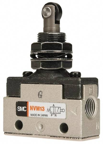 SMC PNEUMATICS - 0.14 CV Rate, 1/8" NPT Inlet Mechanical Valve - 3 Way, 2 Ports, Plunger Roller Plunger Inline - Eagle Tool & Supply