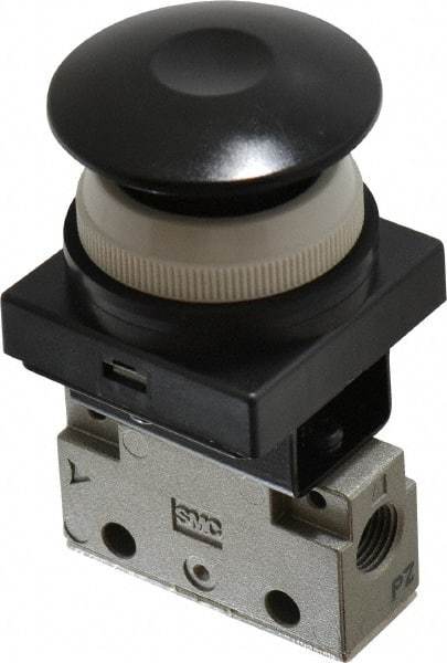 SMC PNEUMATICS - 0.14 CV Rate, 1/8" NPT Inlet Mechanical Valve - 3 Way, 2 Ports, Push Button Mushroom - Eagle Tool & Supply