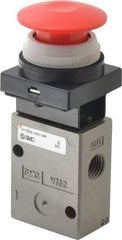 SMC PNEUMATICS - 1.00 CV Rate, 1/4" NPT Inlet Mechanical Valve - 3 Way, 2 Ports, Push Button Mushroom - Eagle Tool & Supply