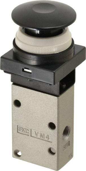 SMC PNEUMATICS - 0.38 CV Rate, 1/4" NPT Inlet Mechanical Valve - 3 Way, 3 Ports, Push Button Mushroom - Eagle Tool & Supply