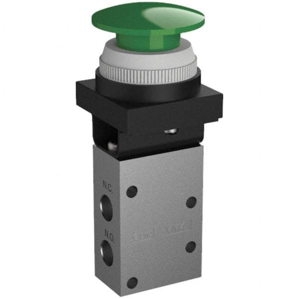 SMC PNEUMATICS - 0.38 CV Rate, 1/4" NPT Inlet Mechanical Valve - 3 Way, 3 Ports, Push Button Mushroom - Eagle Tool & Supply