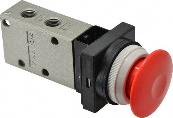 SMC PNEUMATICS - 0.38 CV Rate, 1/4" NPT Inlet Mechanical Valve - 3 Way, 3 Ports, Push Button Mushroom - Eagle Tool & Supply