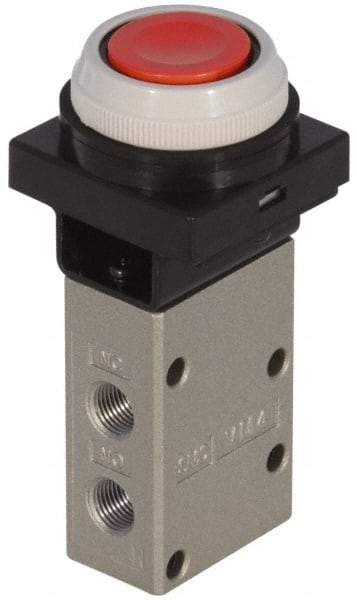 SMC PNEUMATICS - 0.38 CV Rate, 1/4" NPT Inlet Mechanical Valve - 3 Way, 3 Ports, Push Button Flush - Eagle Tool & Supply