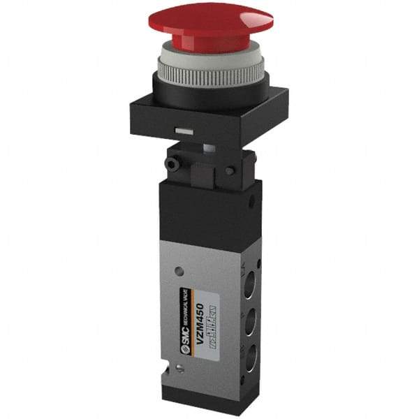 SMC PNEUMATICS - 0.55 CV Rate, 1/8" NPT Inlet Mechanical Valve - 4 Way, 5 Ports, Push Button Mushroom - Eagle Tool & Supply