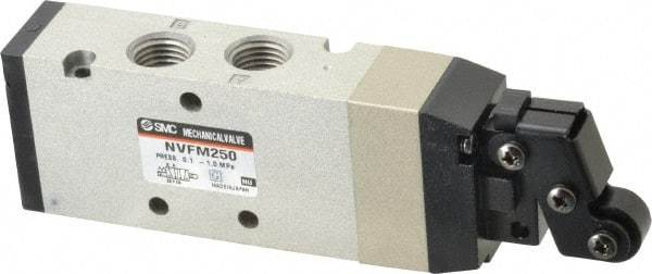 SMC PNEUMATICS - 1.00 CV Rate, 1/4" NPT Inlet Mechanical Valve - 4 Way, 5 Ports, Roller Lever - Eagle Tool & Supply