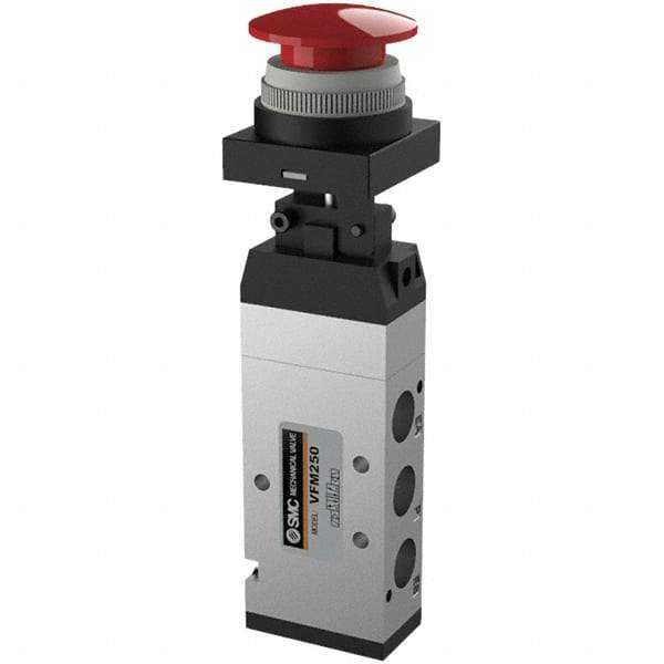 SMC PNEUMATICS - 1.00 CV Rate, 1/4" NPT Inlet Mechanical Valve - 4 Way, 5 Ports, Push Button Mushroom - Eagle Tool & Supply