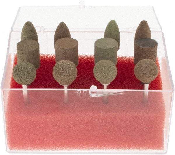 Grier Abrasives - 12 Piece Aluminum Oxide Rubber Rubber Mounted Abrasive Wheel Set - Includes Mounted Wheels with 1/8" Diam x 1-1/2" Long Shank - Eagle Tool & Supply