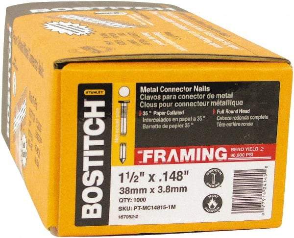 Stanley Bostitch - 10 Gauge 0.148" Shank Diam 1-1/2" Long Metal Connecting Nails for Power Nailers - Steel, Bright Finish, Smooth Shank, Angled Stick Paper Tape Collation, Round Head, Diamond Point - Eagle Tool & Supply