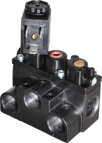 ARO/Ingersoll-Rand - 3/8" Inlet x 3/8" Outlet, Solenoid Actuator, Spring Return, 2 Position, Body Ported Solenoid Air Valve - 24 VDC Input, 63 CFM, 1.7 CV, 4 Way, 150 psi, 3-1/2" Long x '2-1/2" Wide x 3-5/8" High, 0 to 180°F - Eagle Tool & Supply