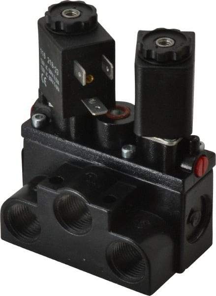 ARO/Ingersoll-Rand - 3/8" Inlet x 3/8" Outlet, Solenoid Actuator, Solenoid Return, 2 Position, Body Ported Solenoid Air Valve - 120 VAC Input, 63 CFM, 1.7 CV, 4 Way, 150 psi, 4" Long x '2-1/2" Wide x 3-5/8" High, 0 to 180°F - Eagle Tool & Supply