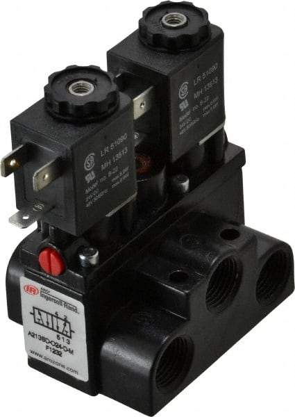 ARO/Ingersoll-Rand - 3/8" Inlet x 3/8" Outlet, Solenoid Actuator, Solenoid Return, 2 Position, Body Ported Solenoid Air Valve - 24 VDC Input, 63 CFM, 1.7 CV, 4 Way, 150 psi, 4" Long x '2-1/2" Wide x 3-5/8" High, 0 to 180°F - Eagle Tool & Supply