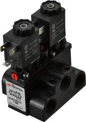 ARO/Ingersoll-Rand - 3/8" Inlet x 3/8" Outlet, Solenoid Actuator, Solenoid Return, 2 Position, Body Ported Solenoid Air Valve - 24 VDC Input, 63 CFM, 1.7 CV, 4 Way, 150 psi, 4" Long x '2-1/2" Wide x 3-5/8" High, 0 to 180°F - Eagle Tool & Supply