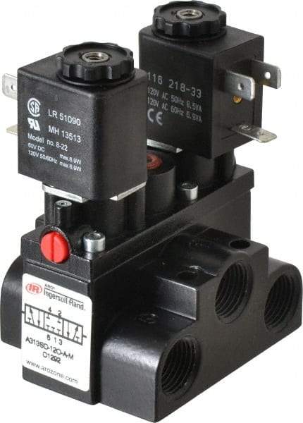 ARO/Ingersoll-Rand - 3/8" Inlet x 3/8" Outlet, Solenoid Actuator, Solenoid Return, 3 Position, Body Ported Solenoid Air Valve - 120 VAC Input, 63 CFM, 1.7 CV, 4 Way, 150 psi, 4" Long x '2-1/2" Wide x 3-5/8" High, 0 to 180°F - Eagle Tool & Supply