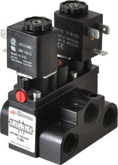 ARO/Ingersoll-Rand - 3/8" Inlet x 3/8" Outlet, Solenoid Actuator, Solenoid Return, 3 Position, Body Ported Solenoid Air Valve - 120 VAC Input, 63 CFM, 1.7 CV, 4 Way, 150 psi, 4" Long x '2-1/2" Wide x 3-5/8" High, 0 to 180°F - Eagle Tool & Supply