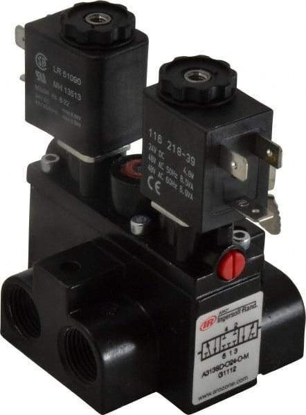 ARO/Ingersoll-Rand - 3/8" Inlet x 3/8" Outlet, Solenoid Actuator, Solenoid Return, 3 Position, Body Ported Solenoid Air Valve - 24 VDC Input, 63 CFM, 1.7 CV, 4 Way, 150 psi, 4" Long x '2-1/2" Wide x 3-5/8" High, 0 to 180°F - Eagle Tool & Supply